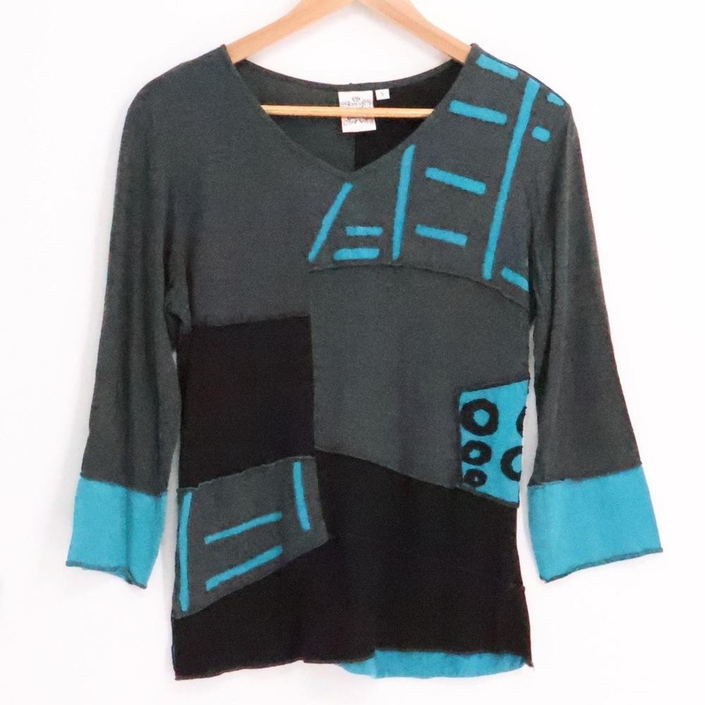 Parsley Sage Artsy Patchwork Top Indie Abstract Boho Grunge Vintage 90s Size S